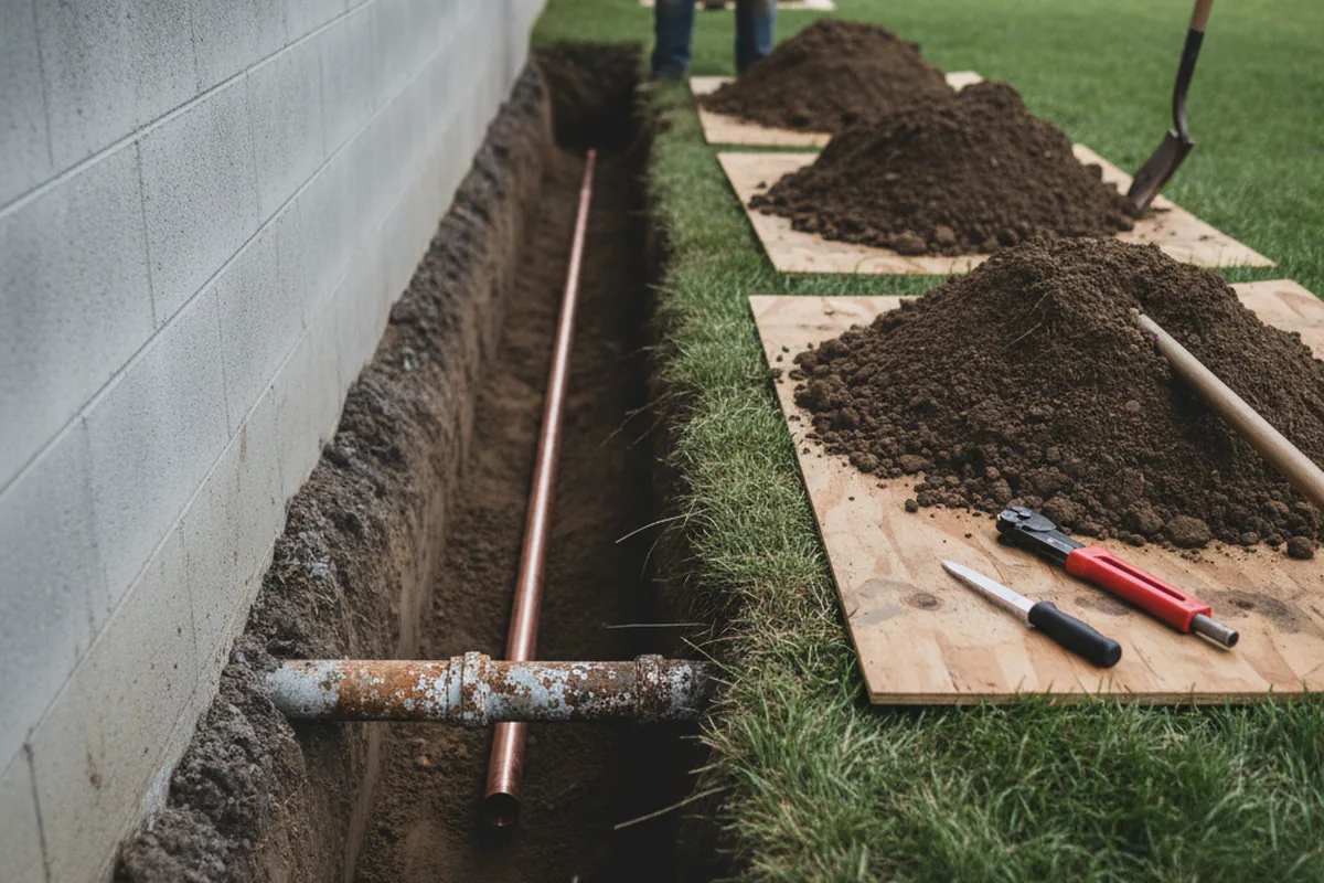Excavated water line trench during Water Softener Installation in Warm Springs
